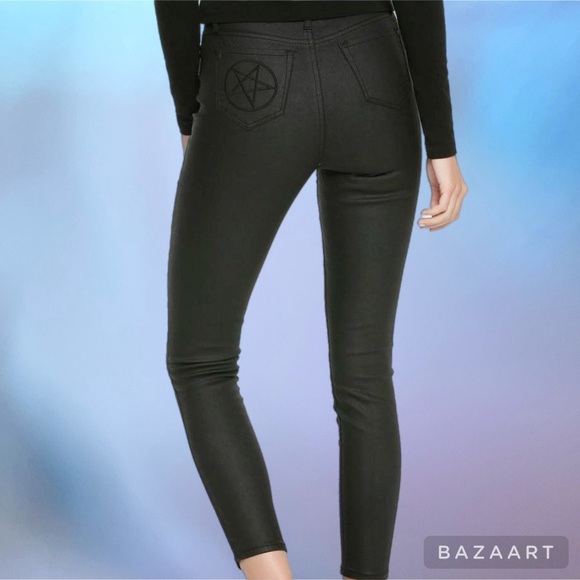 ☔️ Blackcraft Pentagram Zipper Black Coated Skinny Jeans - Picture 3 of 13